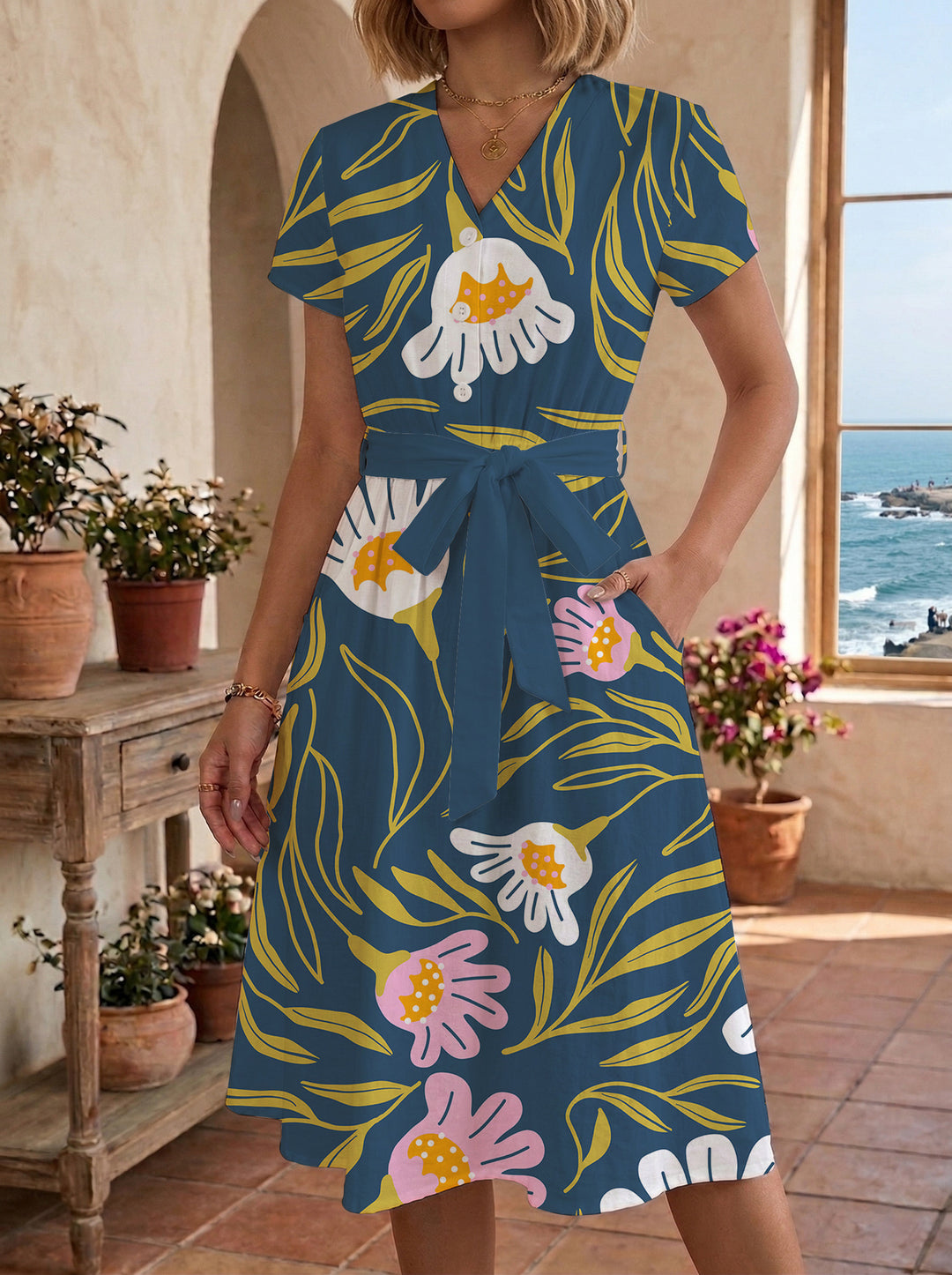 Damen lässiges Kleid mit modernem Leoprint und taillierbarem Gürtel EB