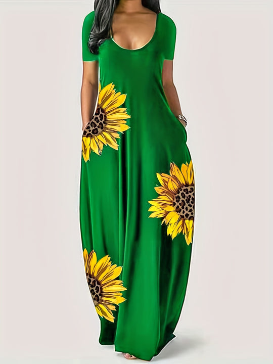 Damen Maxikleid mit floralen Akzenten und praktischen Taschen EB