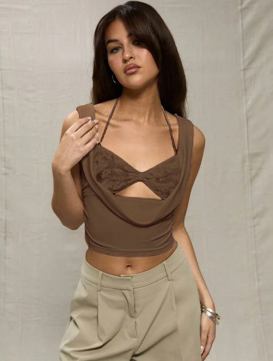 Damen Crop-Top mit verführerischen Cut-Outs und zartem Spitzeneinsatz EB