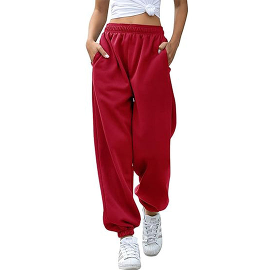 Damen nan weite High-Waist Jogginghose aus weichem Fleece mit elastischem Bund, Eingrifftaschen und engen Saumbündchen EB