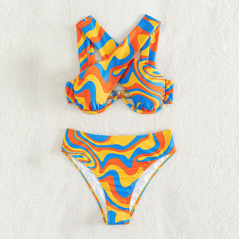 Damen Sportliches Bikini-Set mit auffälligem Wellenmuster EB