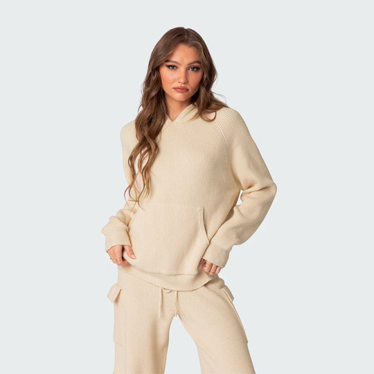 Damen nan gerippter Kapuzenpullover aus Feinstrick mit Kängurutasche und relaxed Fit EB