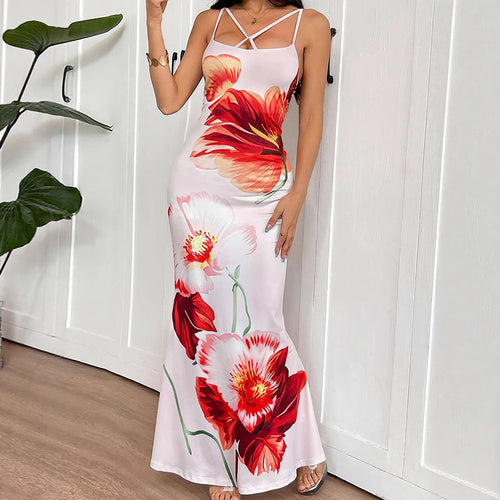 Damen Maxikleid mit elegantem Blumenmuster und zarten Spaghetti-Trägern EB