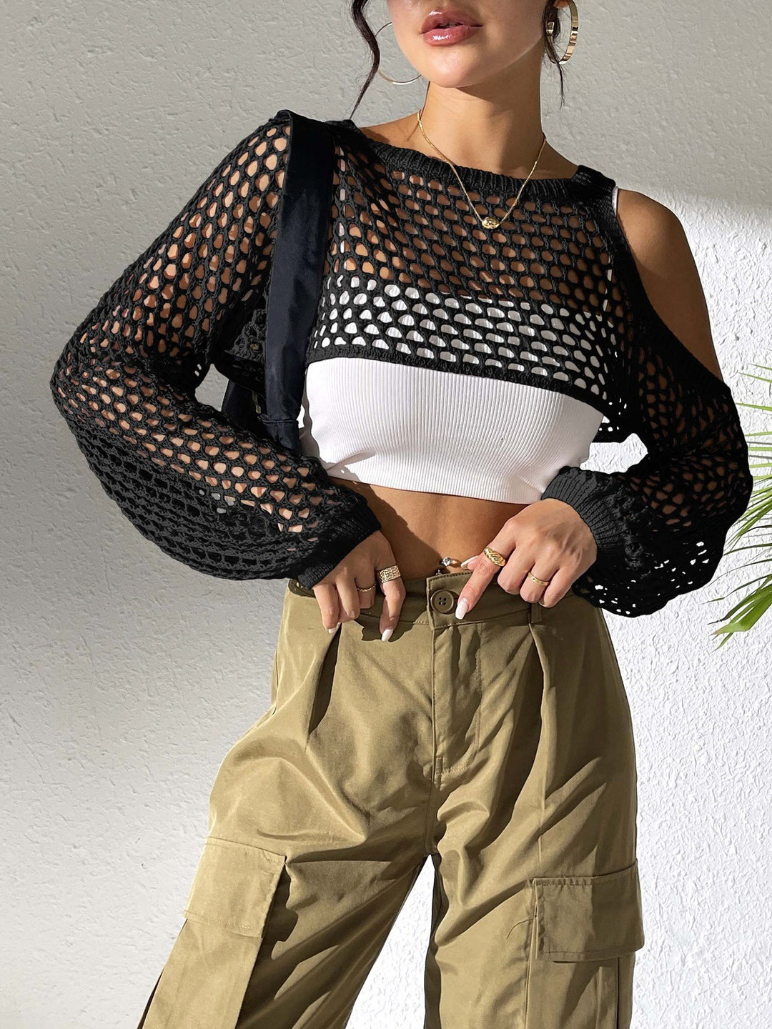 Damen gestricktes Netzoberteil mit offenen Schultern und modischem Design EB