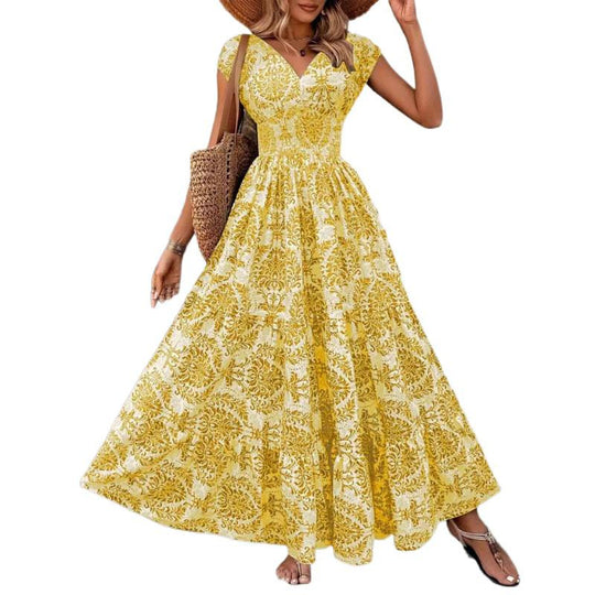 Damen Maxikleid mit nostalgischem Blumenmuster und voluminösem Rock EB