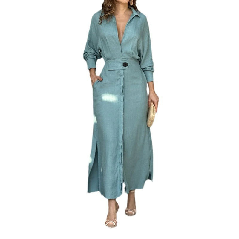 Damen elegantes Hemdblusenkleid mit Taillengürtel und seitlichen Schlitzen EB