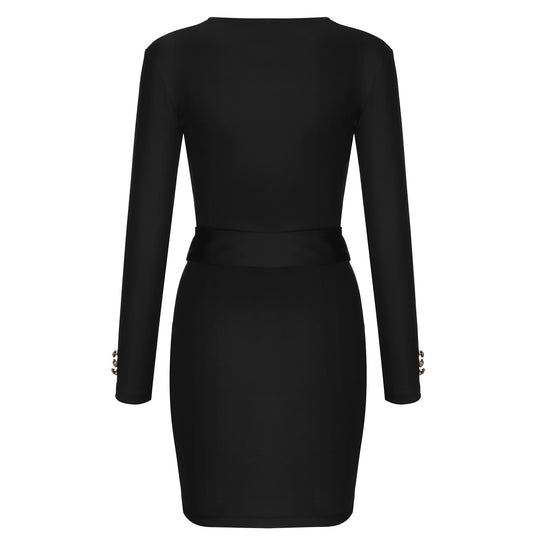 Damen Wickelkleid mit goldenen Knopfdetails und Taillengürtel EB