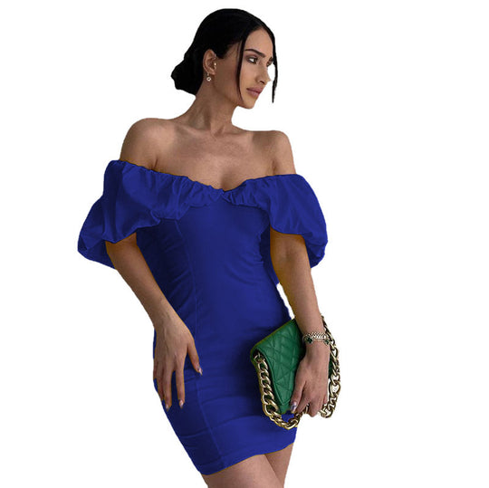 Damen Kurzarm Minikleid mit schulterfreiem Design und Rüschensaum EB