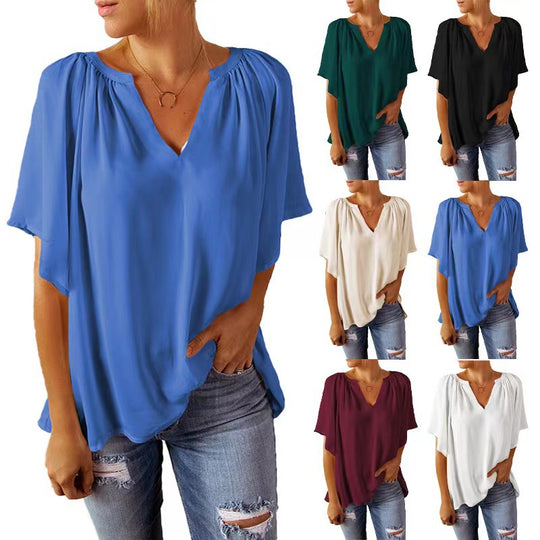 Damen Fließendes Blusenshirt mit ballonförmigen Ärmeln und elastischem Saum EB