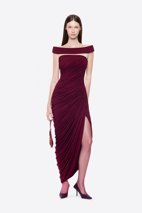 Damen Elegantes, schulterfreies Maxikleid mit raffinierten Drapierungen und hohem Schlitz EB