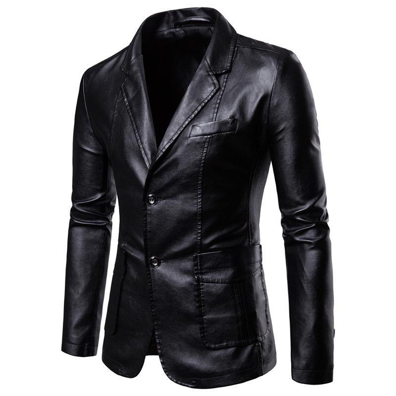Herren nan schlanker Lederblazer mit Reverskragen und aufgesetzten Taschen EB
