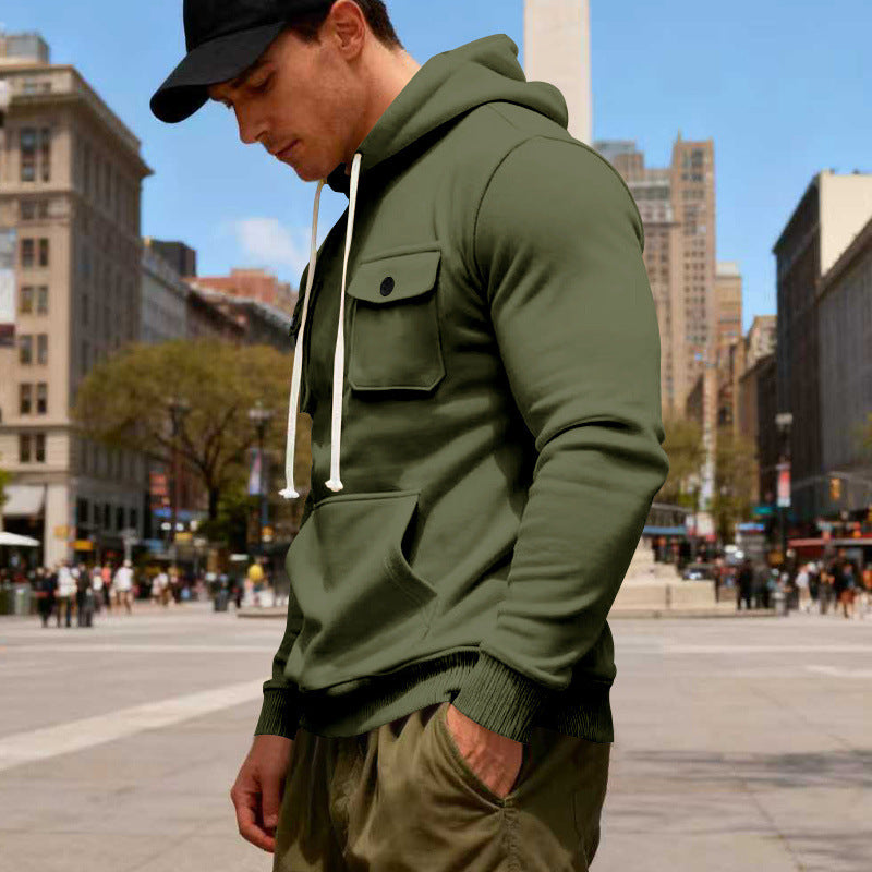 Herren Kapuzenpullover mit Brustklappentasche, Kängurutasche & Rippbündchen EB