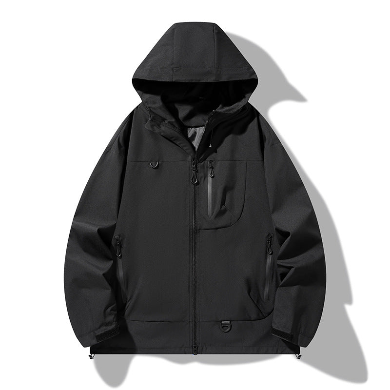 Herren wasserdichte Softshell-Kapuzenjacke mit verschweißten Nähten, verdeckter Brusttasche und verstellbarem Saum EB