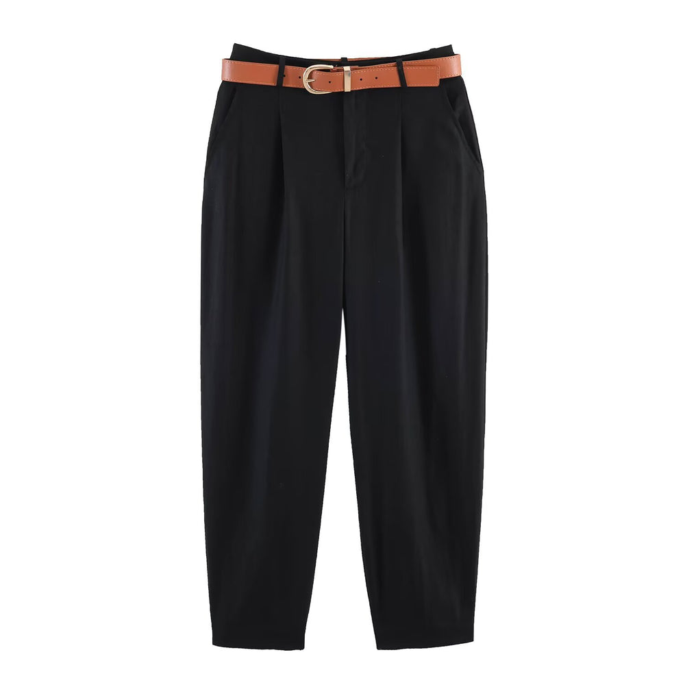 Damen hochwertige, ausgestellte Leinenhose mit modischem Gürtel EB
