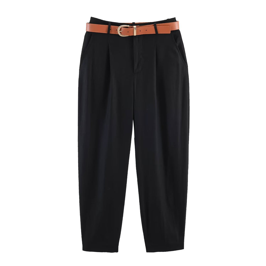 Damen hochwertige, ausgestellte Leinenhose mit modischem Gürtel EB