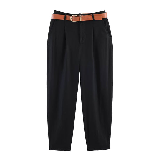 Damen hochwertige, ausgestellte Leinenhose mit modischem Gürtel EB