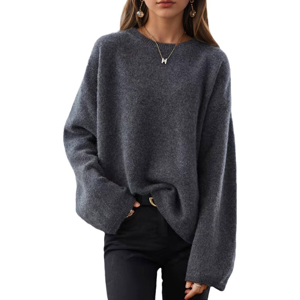 Damen nan lässiger Oversize-Strickpullover mit Rundhalsausschnitt und überschnittener Schulterpartie EB