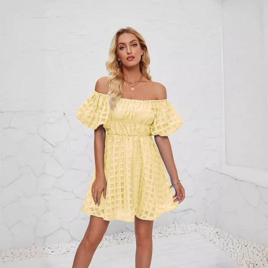 Damen Freizeitkleid im modernen Karomuster mit Puffärmeln und elastischer Taille EB