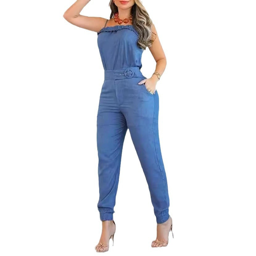 Damen lässiger Jumpsuit mit Rüschendetails und verstellbarem Taillengürtel EB