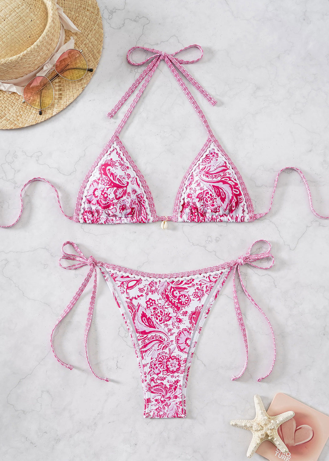 Damen Triangel-Bikini mit verspieltem Floral-Design und Bindebändern EB