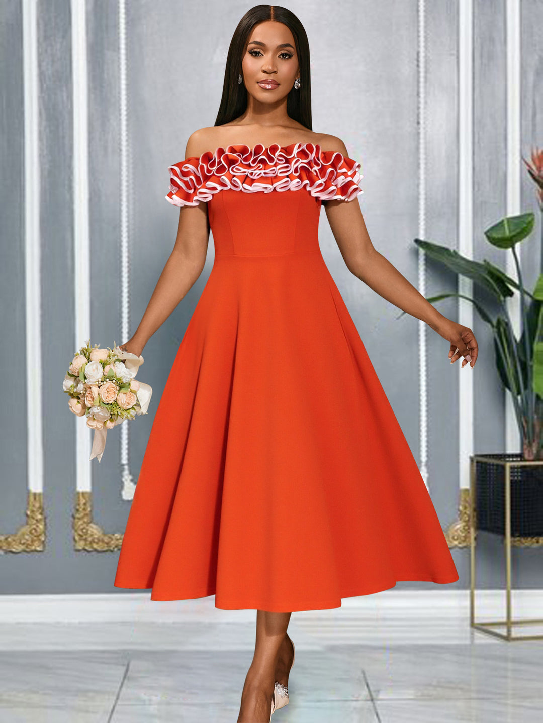 Damen A-Linien Abendkleid mit Off-Shoulder Rüsche EB