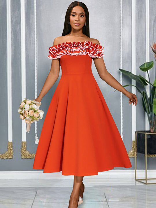 Damen A-Linien Abendkleid mit Off-Shoulder Rüsche EB