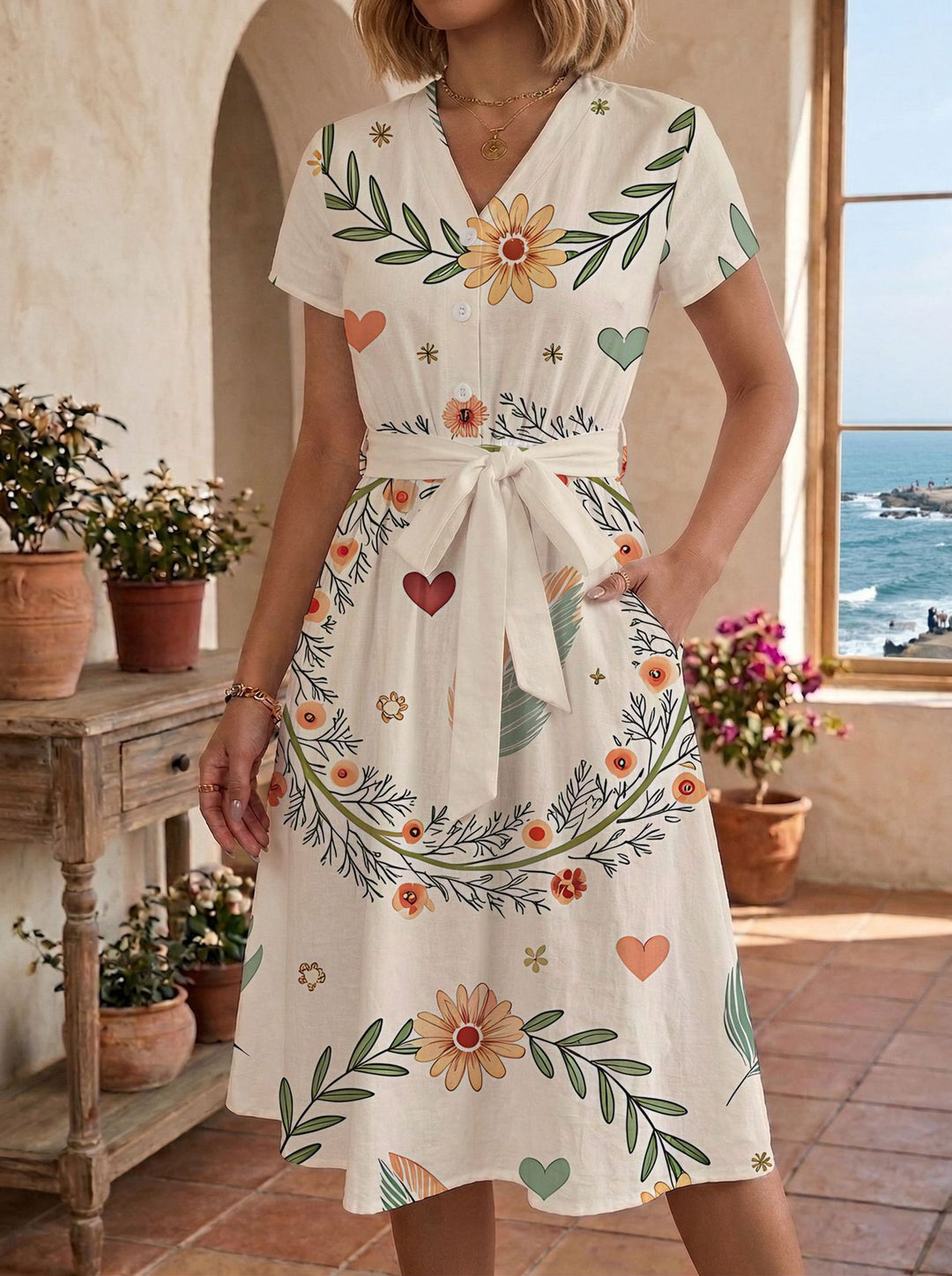 Damen lässiges Maxikleid mit taillierbarem Knoten und dekorativem Karomuster EB