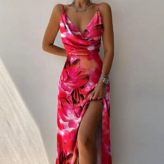 EB | Kleid mit Hosenträgern und V-Ausschnitt mit geteiltem Print