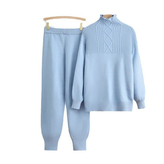 Damen gemütliches Strick-Loungewear-Set mit hohem Kragen und Rippstruktur EB