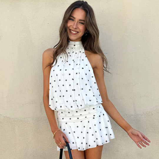 Damen verspieltes Polka-Dot Top mit lässigem Schnitt und hohem Kragen EB