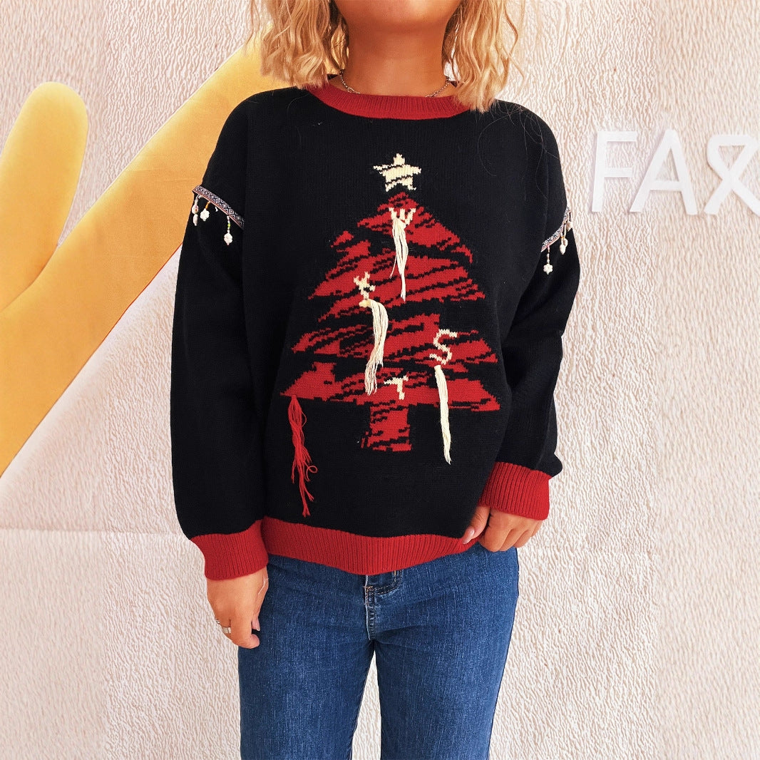 Damen Weihnachts-Pullover mit festlichem Baum-Motiv und edlen Details EB
