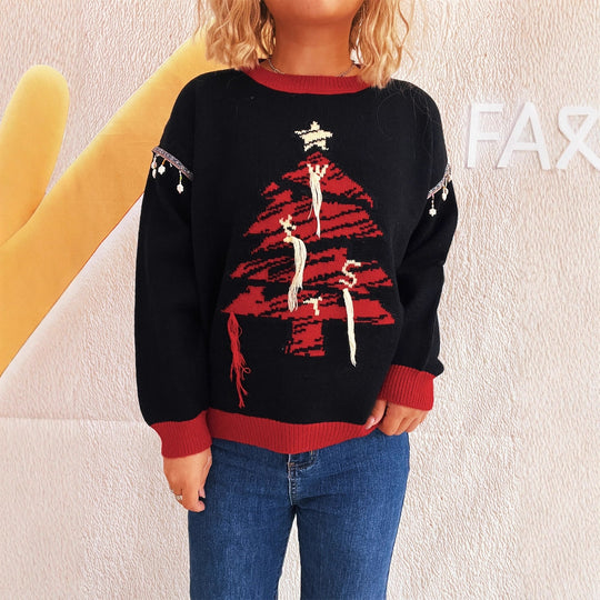 Damen Weihnachts-Pullover mit festlichem Baum-Motiv und edlen Details EB