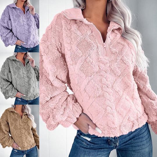 Damen Kuschelige Fleece-Pullover mit Reißverschluss und Wabenmuster EB