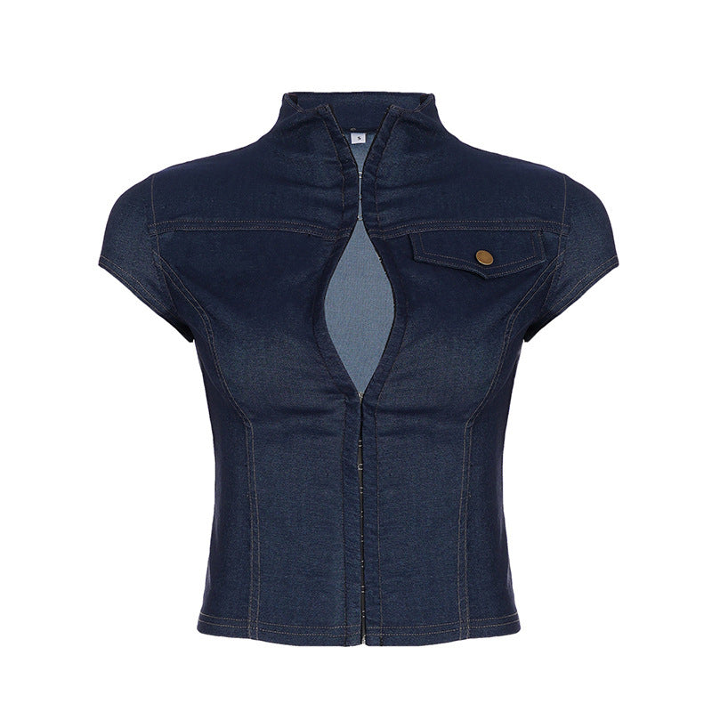 Damen modische Kurzarm Denim-Bluse mit eleganter Knopf-Detailierung EB