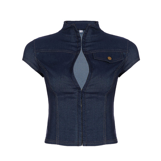Damen modische Kurzarm Denim-Bluse mit eleganter Knopf-Detailierung EB