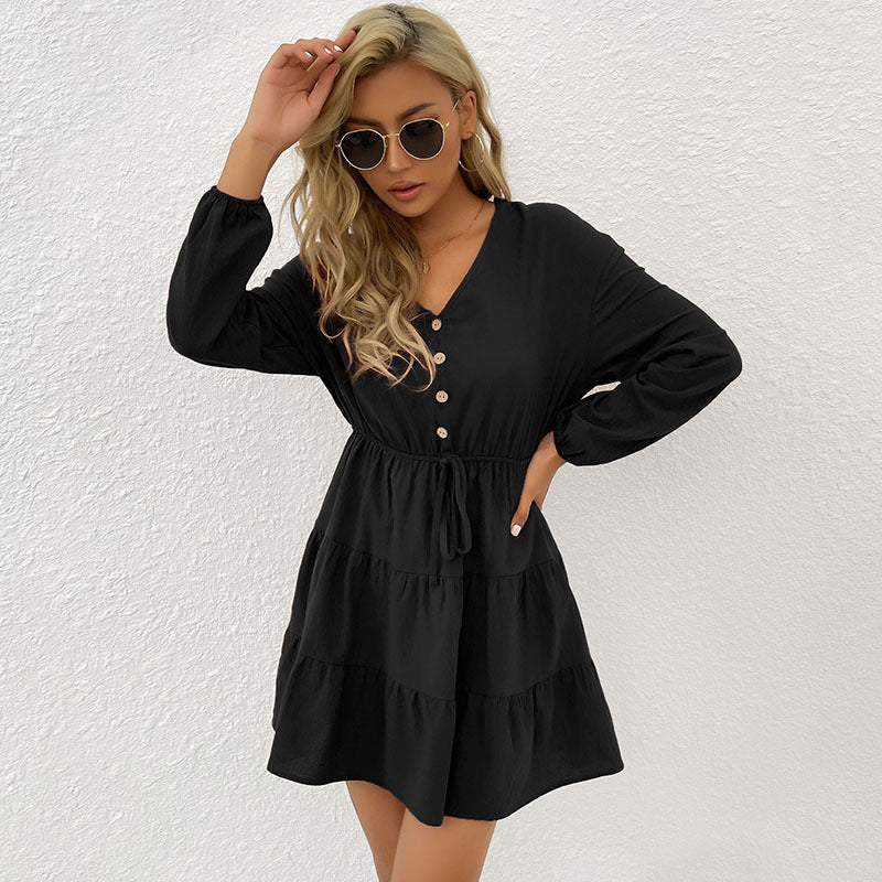 Damen Midi-Kleid mit knöpfbarem Ausschnitt und Taillenbindung EB