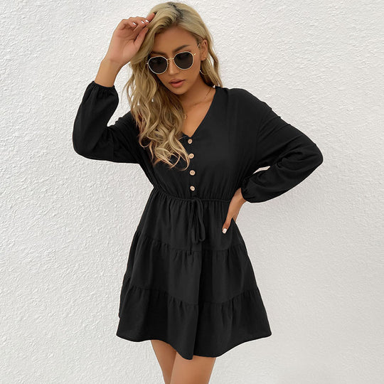 Damen Midi-Kleid mit knöpfbarem Ausschnitt und Taillenbindung EB
