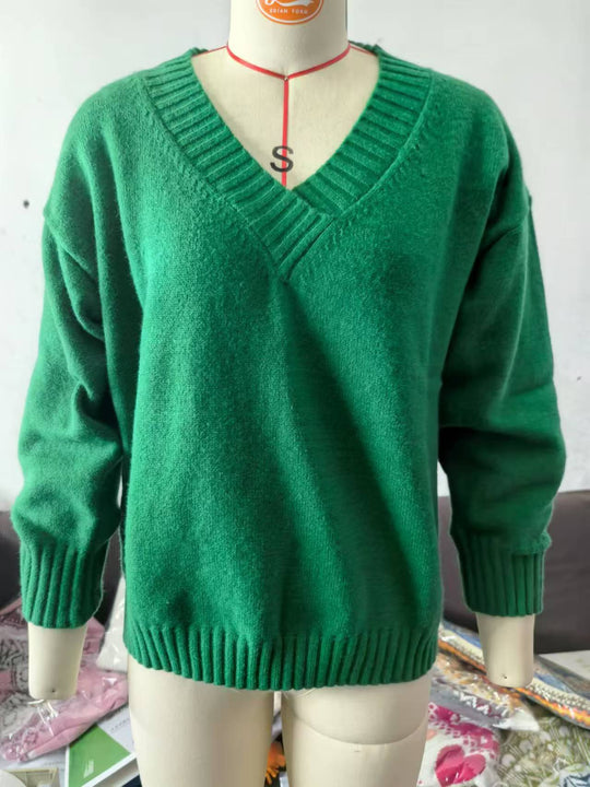 Damen nan Oversized V-Ausschnitt Strickpullover mit gerippten Bündchen EB