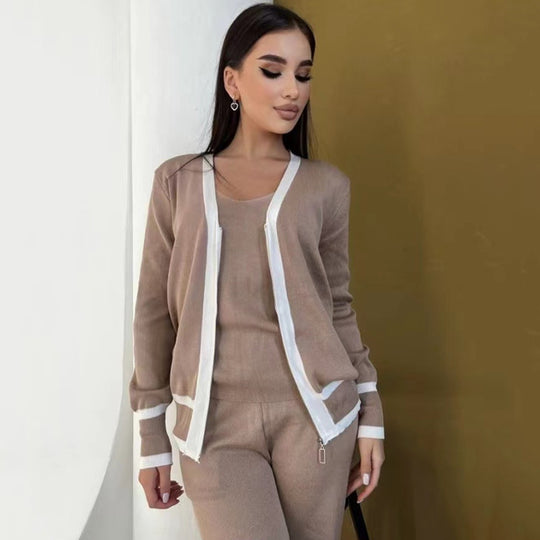 Damen lässiges Strick-Loungewear-Set mit hochwertigem Zip-Cardigan und Weitbein-Hosen EB