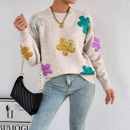 Damen Strickpullover mit glitzernden Blütenapplikationen EB