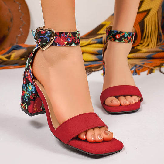 Damen Glamouröse Sandalen mit floralem Design und eleganter Herzschnalle EB