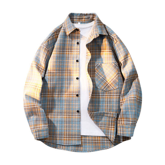 Herren nan kariertes Oversized Flanellhemd mit aufgesetzter Brusttasche, Rundem Saum und durchgeknöpfter Vorderseite EB