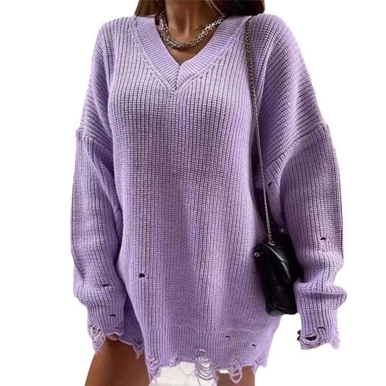 Damen Grobstrick Pullover mit V-Ausschnitt und lässigem Schnitt EB