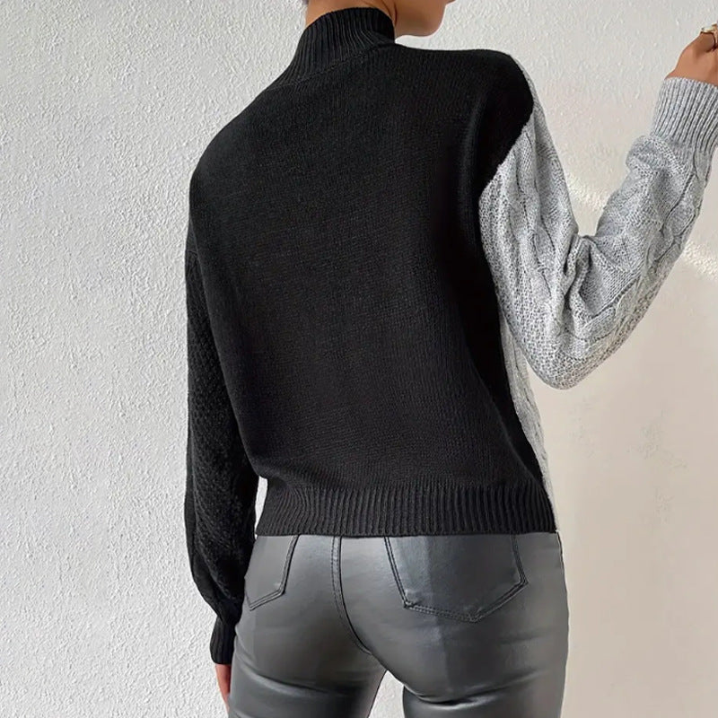 Damen modischer Strickpullover mit asymmetrischem Zopfdesign und hohen Kragen EB