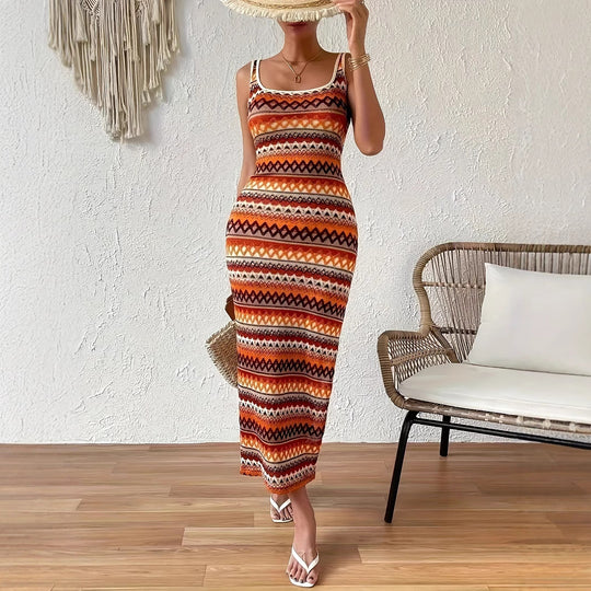 Damen Maxikleid mit geometrischem Muster und seitlichem Schlitz EB