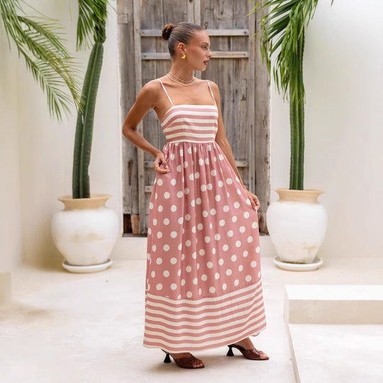 Damen Maxikleid mit verspieltem Streifendesign und großen Punkten EB