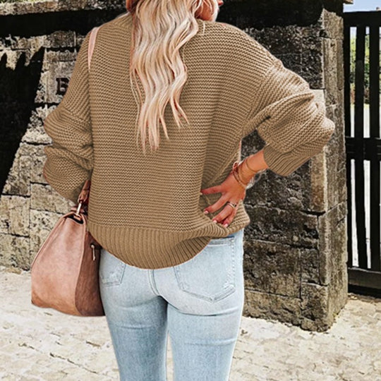 Damen Grobstrickpullover mit hohem Kragen und Ballonärmeln EB
