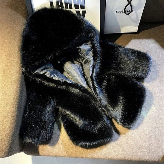 Damen Elegante Kunstfelljacke mit voluminösem Kragen und Schalkragen EB