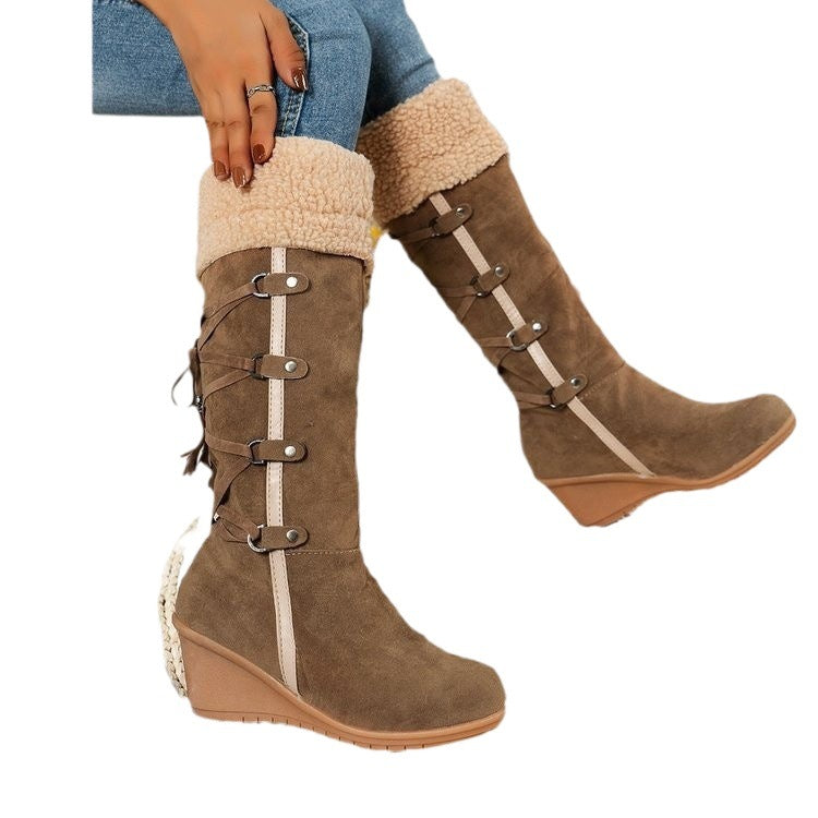 Damen Wedge-Stiefel aus hochwertigem Wildleder mit modischem Falten-Design EB