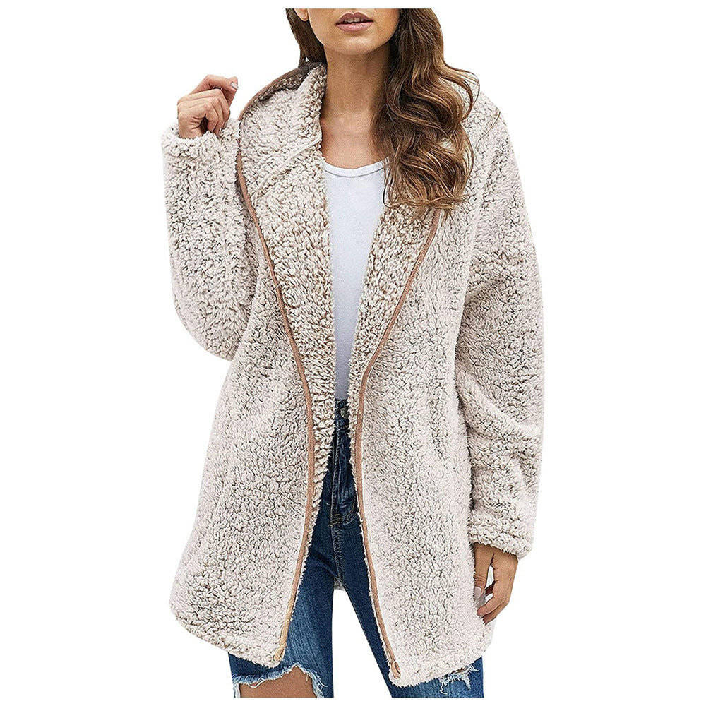Damen Flauschige Kapuzenjacke im oversized Schnitt mit Eingrifftaschen und Reißverschluss EB